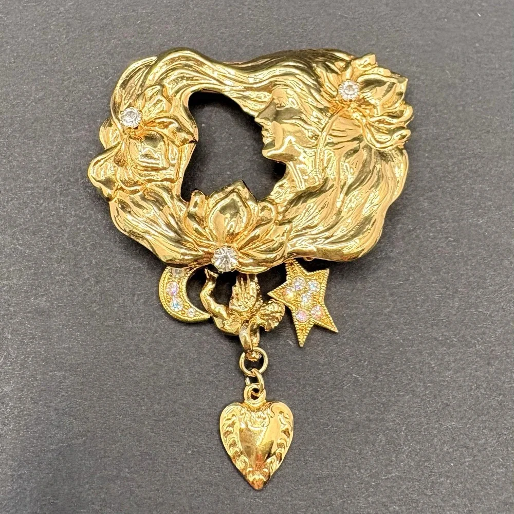 Vintage Kirks Folly Lady of the Lake Brooch Art Nouveau Crystal Dangles Angel